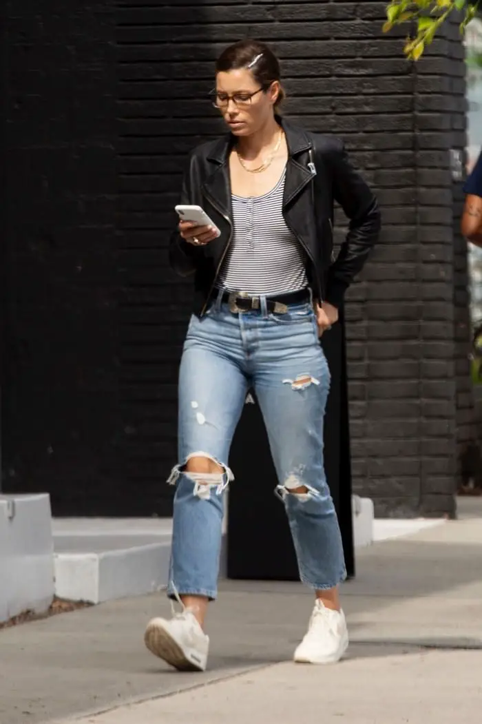 Jessica Biel in Ripped Blue Jeans and Cropped Black Leather Jacket in LA