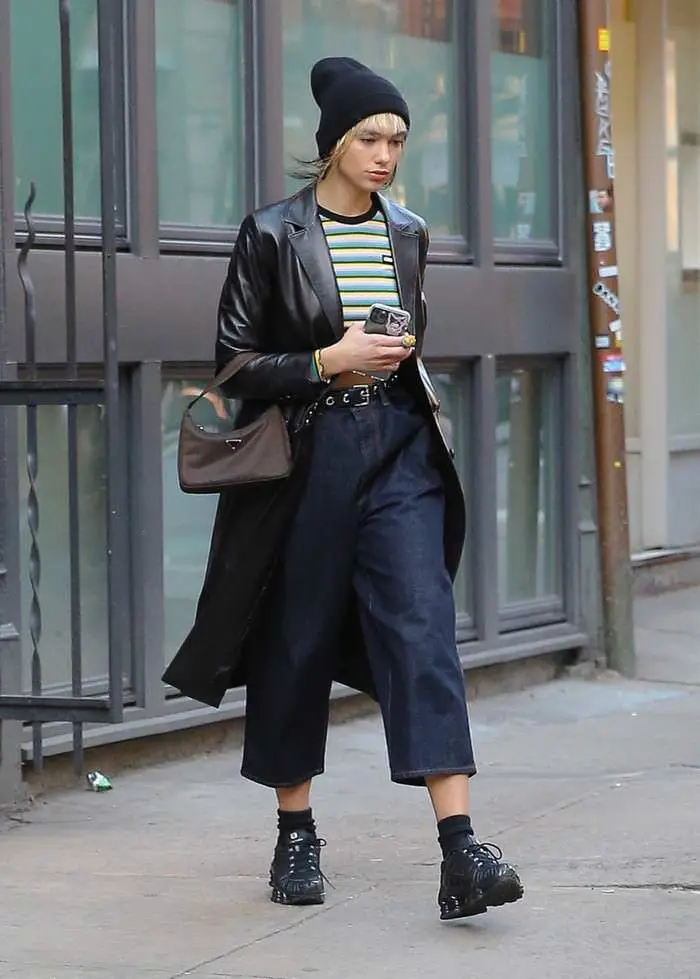Dua Lipa Casual in Baggy Blue Jeans and Black Beanie Hat in NYC
