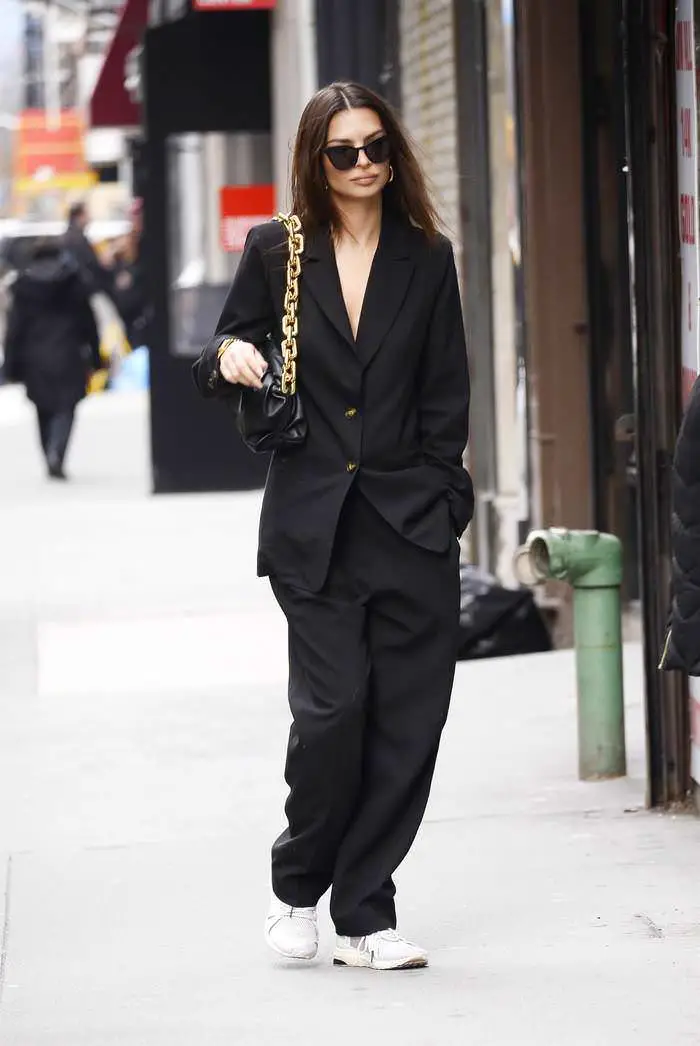Emily Ratajkowski in Black Blazer with Matching Slacks in NYC
