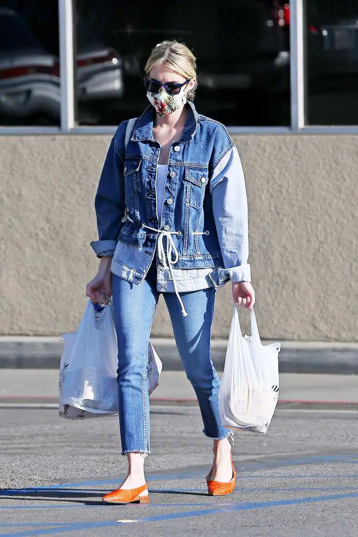 emma roberts grocery run in double denim outfit 4