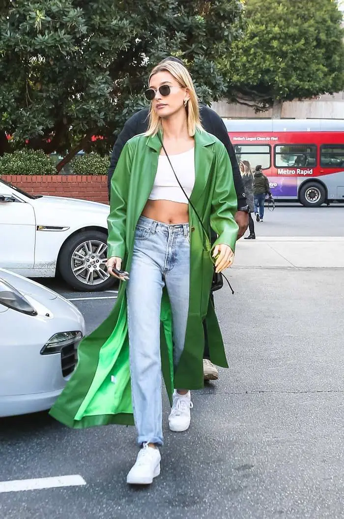 Hailey Rhode Bieber in Green Overcoat Outside South Beverly Grill