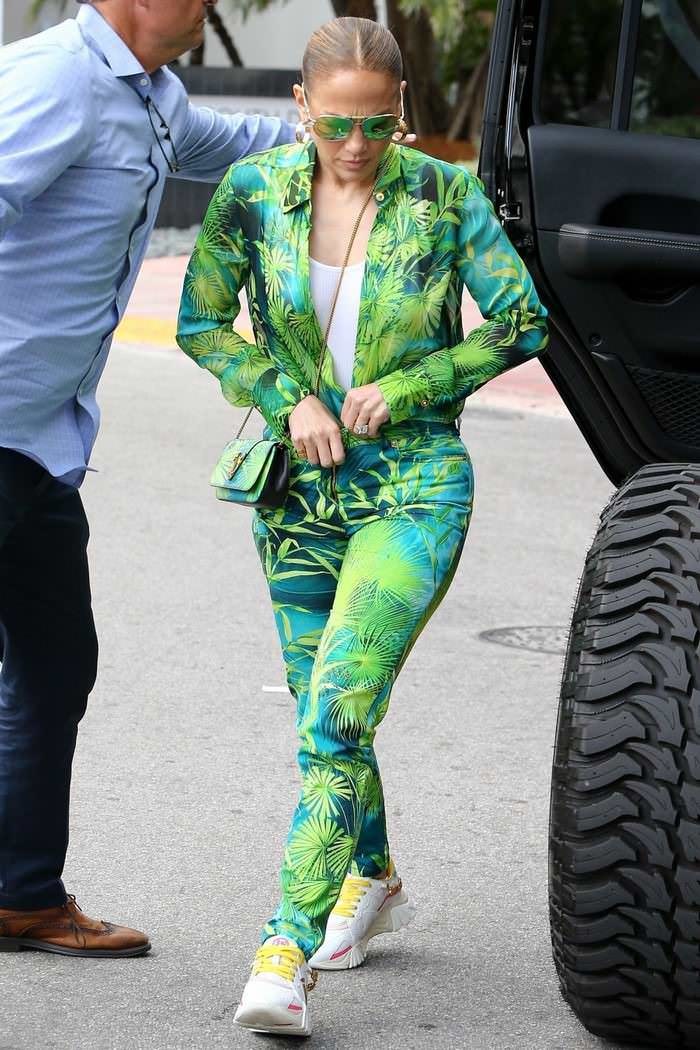 Jennifer Lopez in Palm Print Bodysuit and Pants in Miami Beach