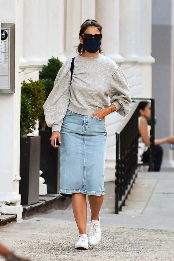 katie holmes sported a chic denim skirt and a gray sweater in nyc 4