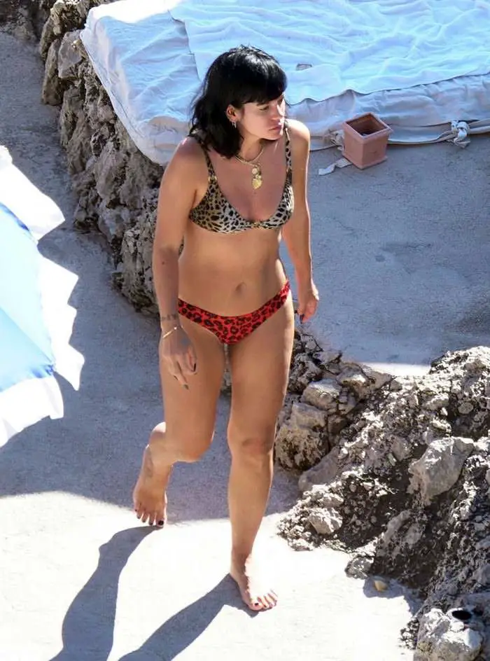 Lily Allen in a Mismatched Bikini at the Beach in Capri