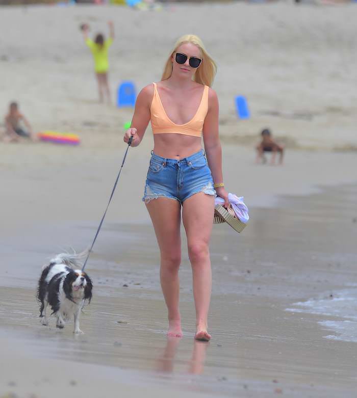 Lindsey Vonn in a Bralette and Denim Shorts on the Beach in Malibu