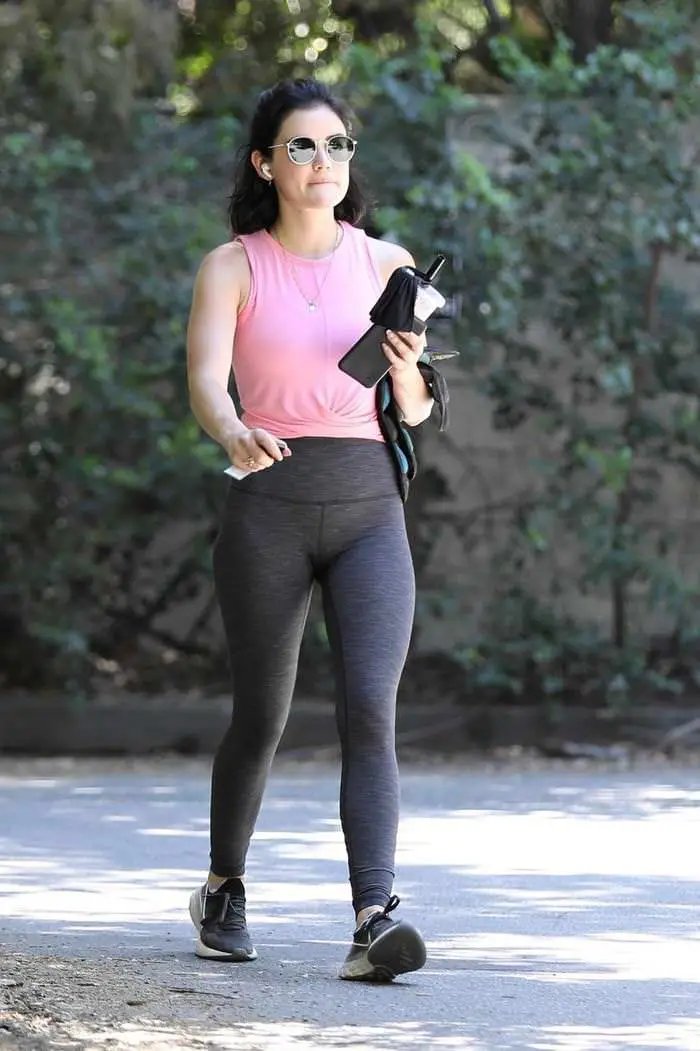 Lucy Hale Flaunts Toned Figure in Pink Top in Hollywood Hills