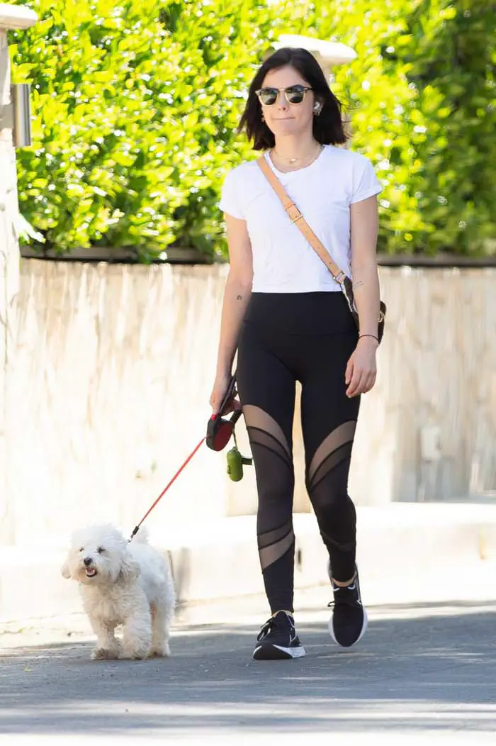 lucy hale in leggings as she takes the dog on a walk through la 1