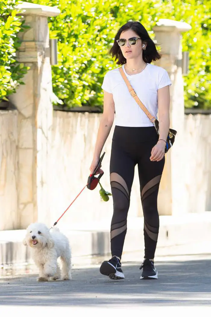 lucy hale in leggings as she takes the dog on a walk through la 4