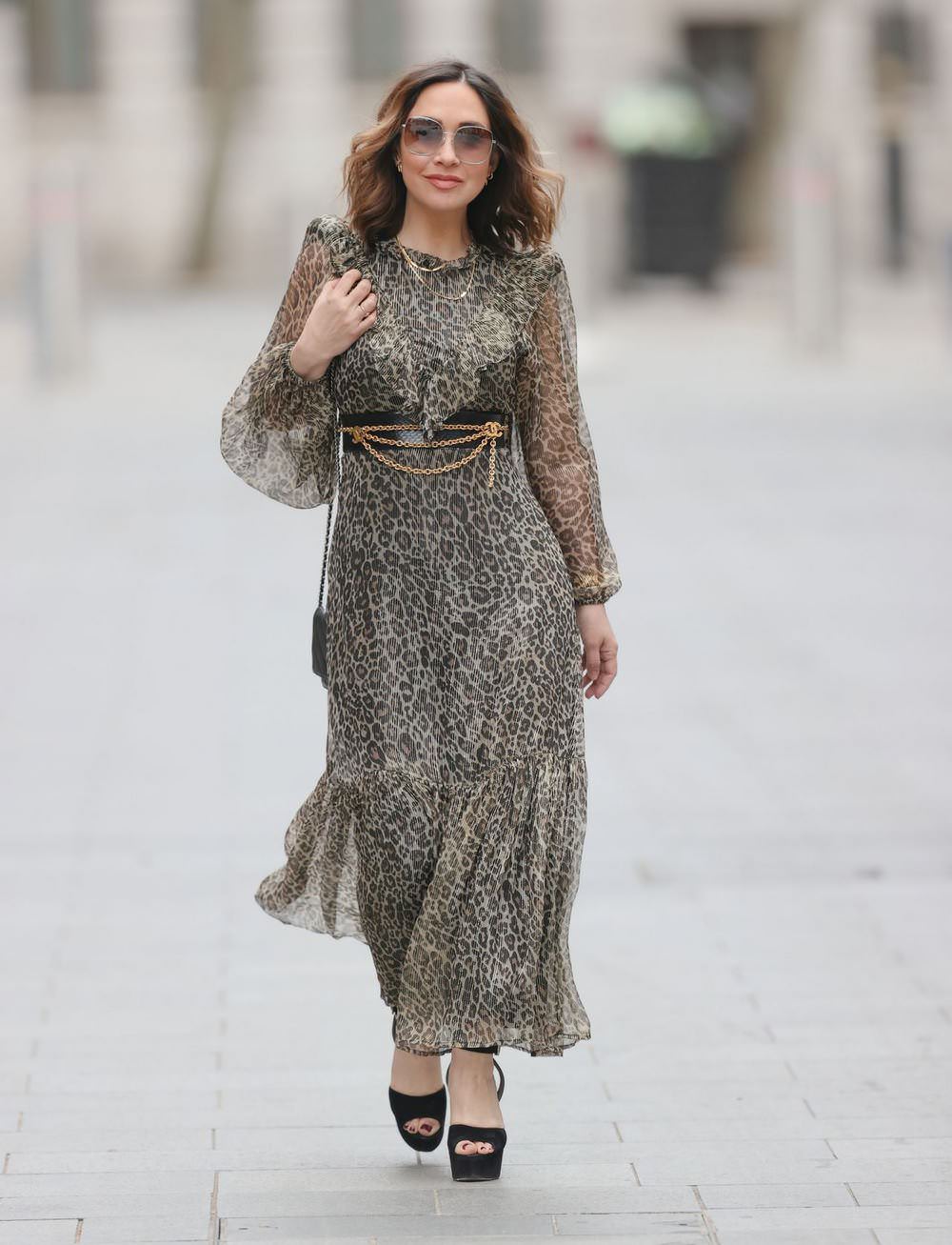 Myleene Klass in Sheer Leopard Print Dress in London
