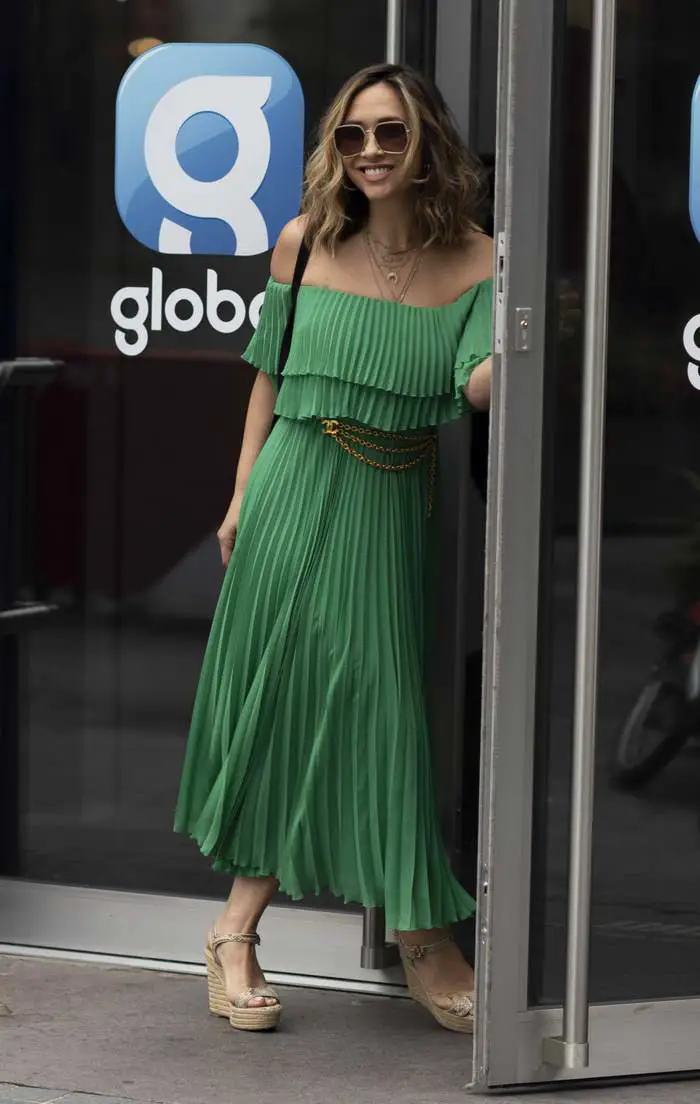 Myleene Klass Looks Tip-top in a Green Bardot Dress as she Goes to Work