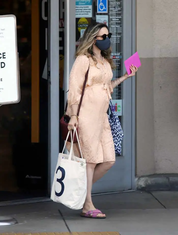 Rachel McAdams Pregnant Runs Errands in a Vintage-style Silk Dress in LA