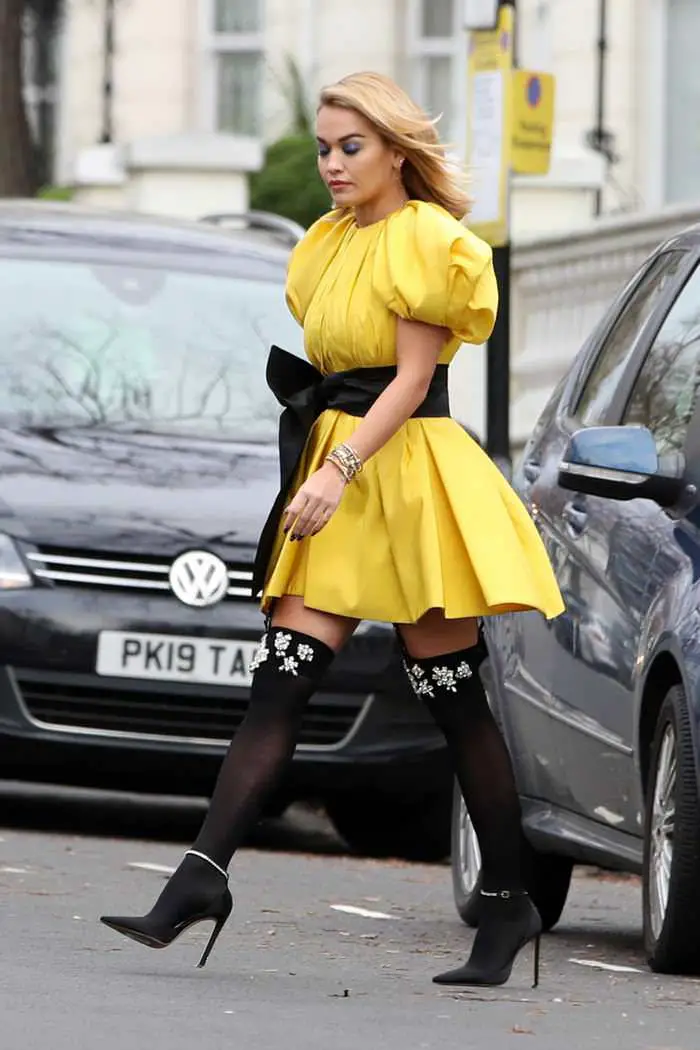 rita ora in a puffy bright yellow mini dress out in london 2