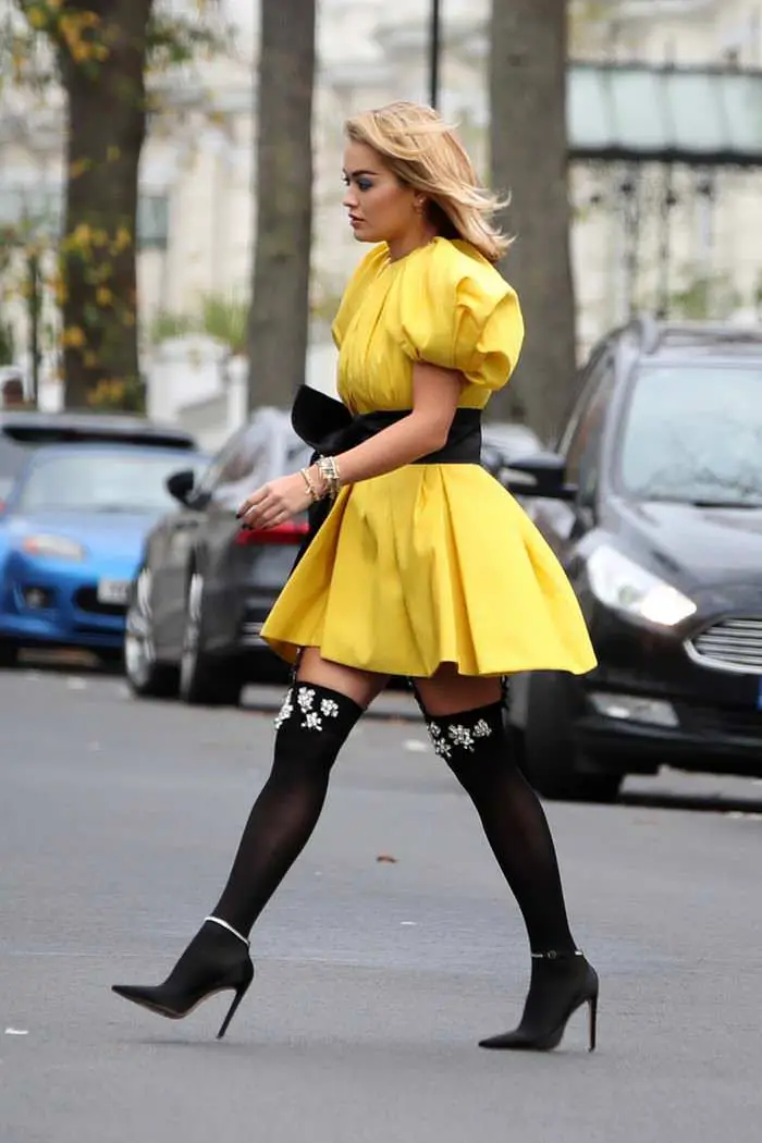 rita ora in a puffy bright yellow mini dress out in london 3