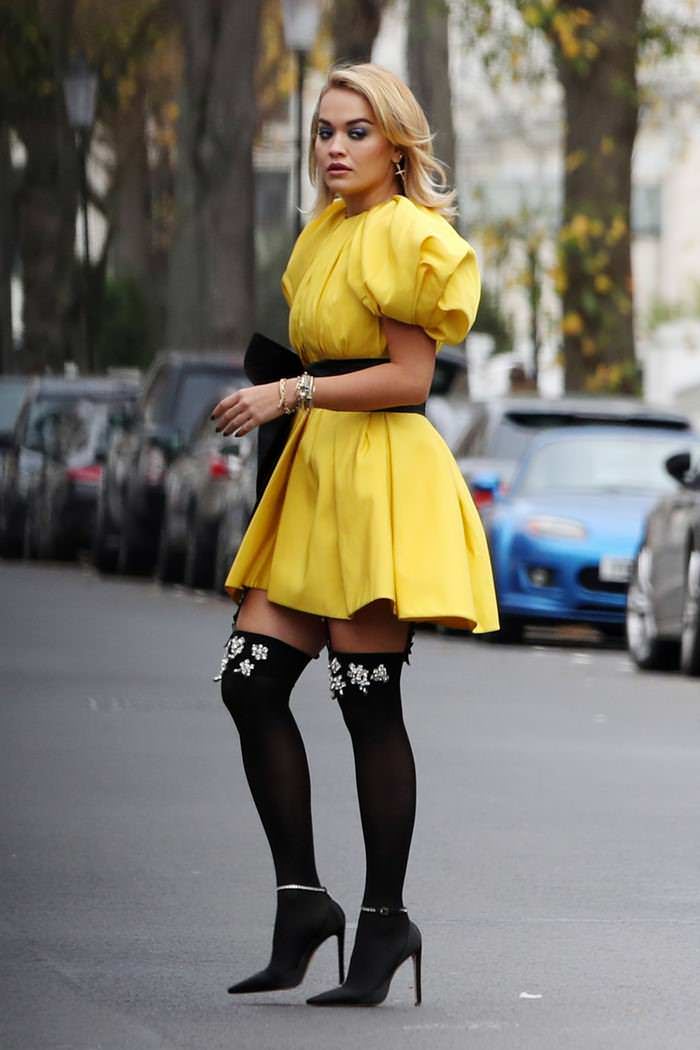 Rita Ora in a Puffy Bright Yellow Mini Dress Out in London