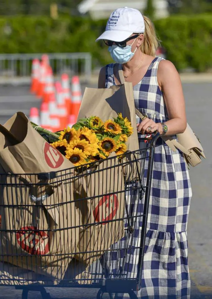 scarlett johansson in a checkered sundress leaving the grocery store 1