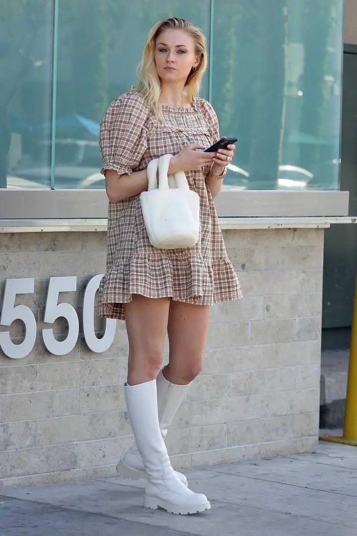 Sophie Turner in Textured Plaid Babydoll Dress Out in LA