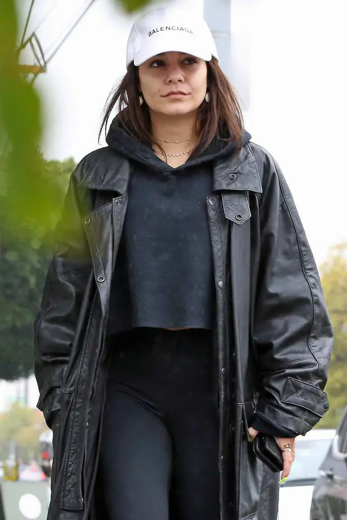 vanessa hudgens out in the los feliz in leather trench coat 2