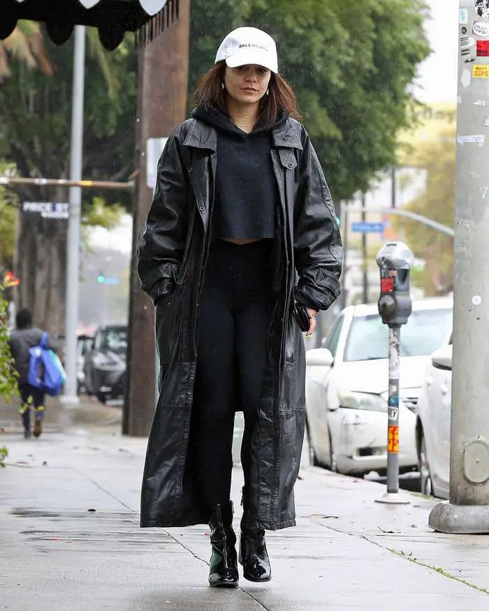 vanessa hudgens out in the los feliz in leather trench coat 3