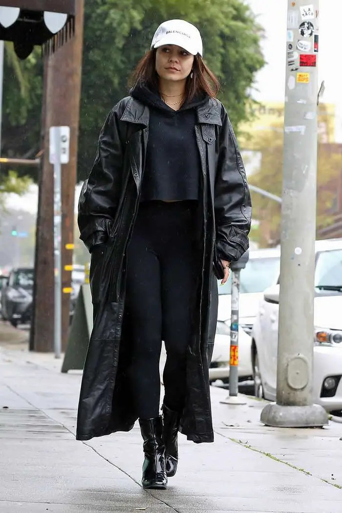 vanessa hudgens out in the los feliz in leather trench coat 4