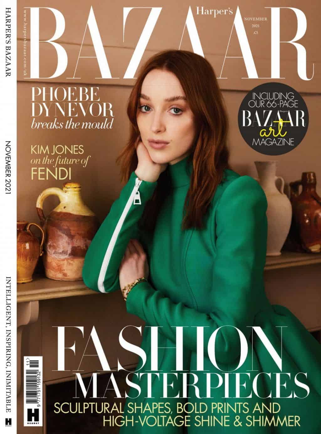 phoebe dynevor on the cover of harper s bazaar uk november 2021 issue 1