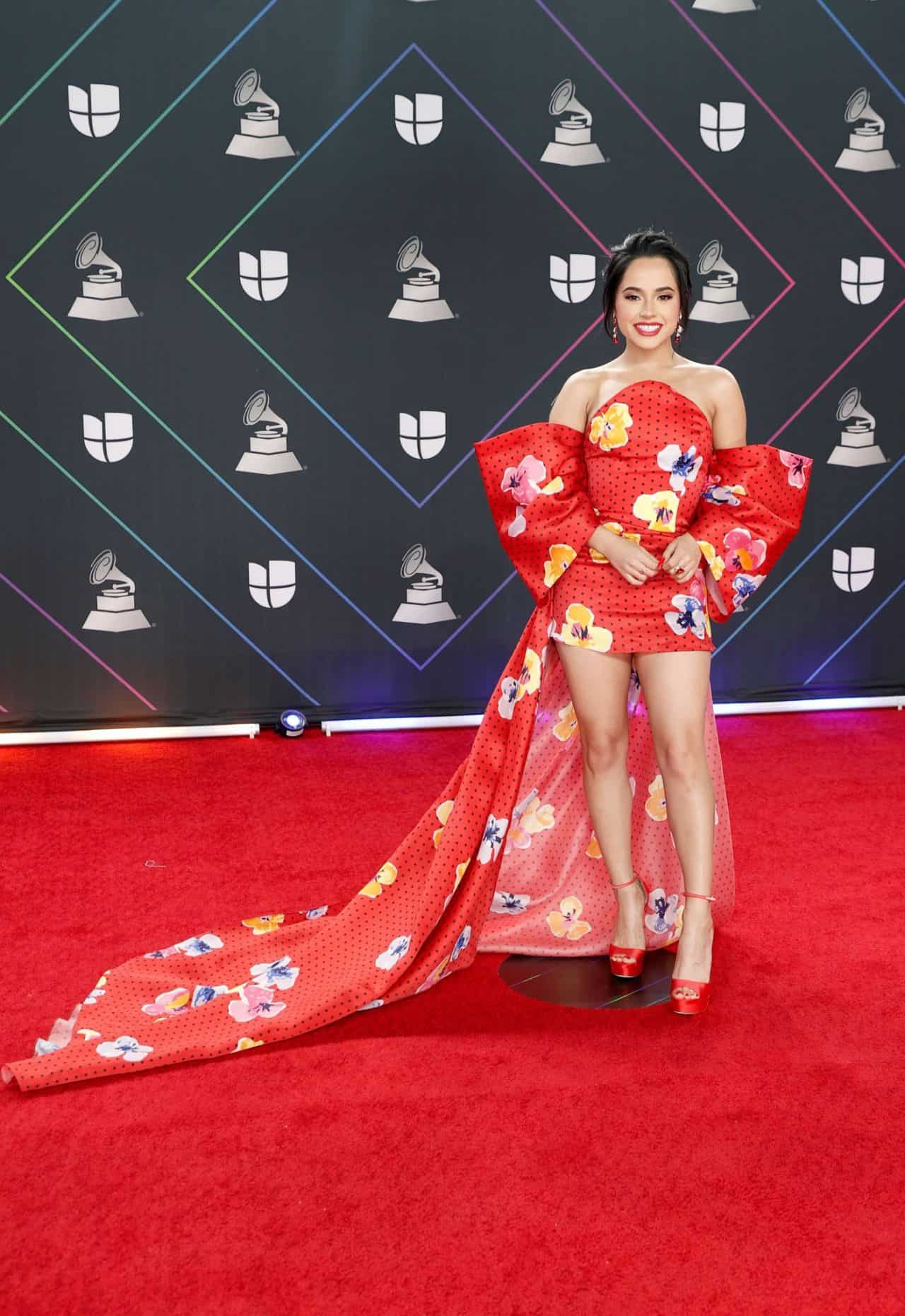 Becky G Dazzles in Red Floral Mini Dress with Long Train at Latin Grammys