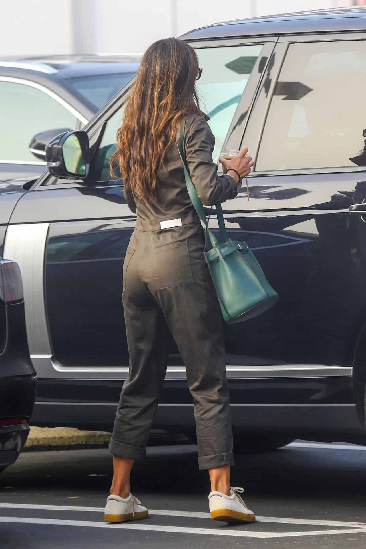 Jordana Brewster in a Gray Jumpsuit Makes a Coffee Run in Brentwood