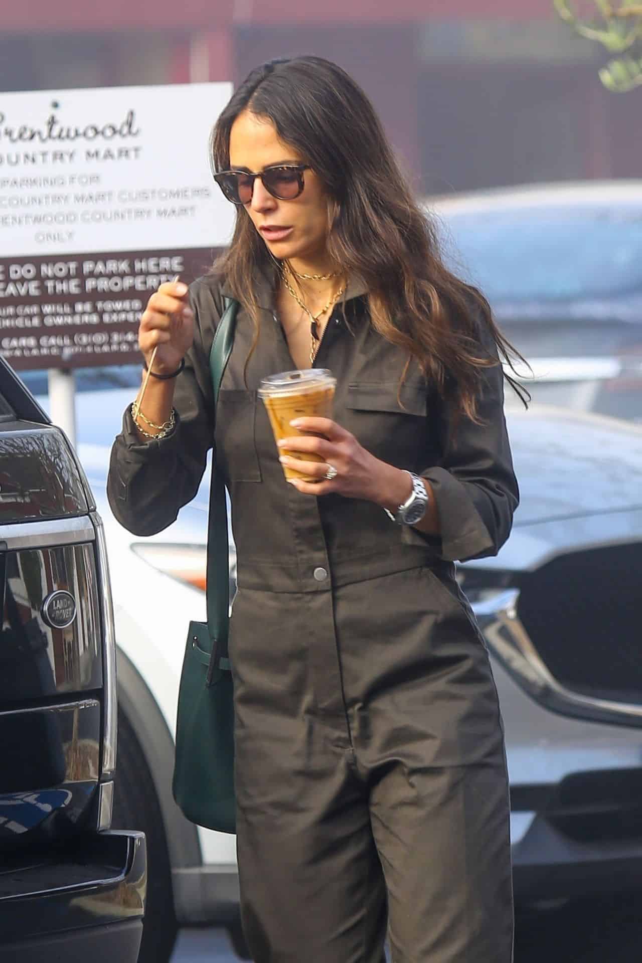 Jordana Brewster in a Gray Jumpsuit Makes a Coffee Run in Brentwood