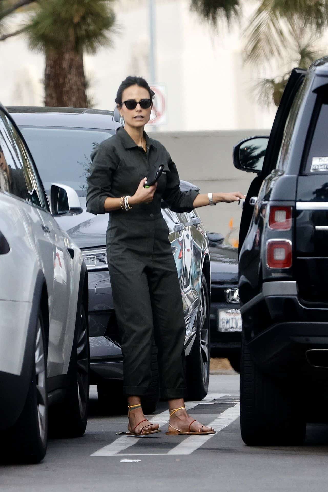 Jordana Brewster Looked Amazing and Chic Once Again in Dark Jumpsuit