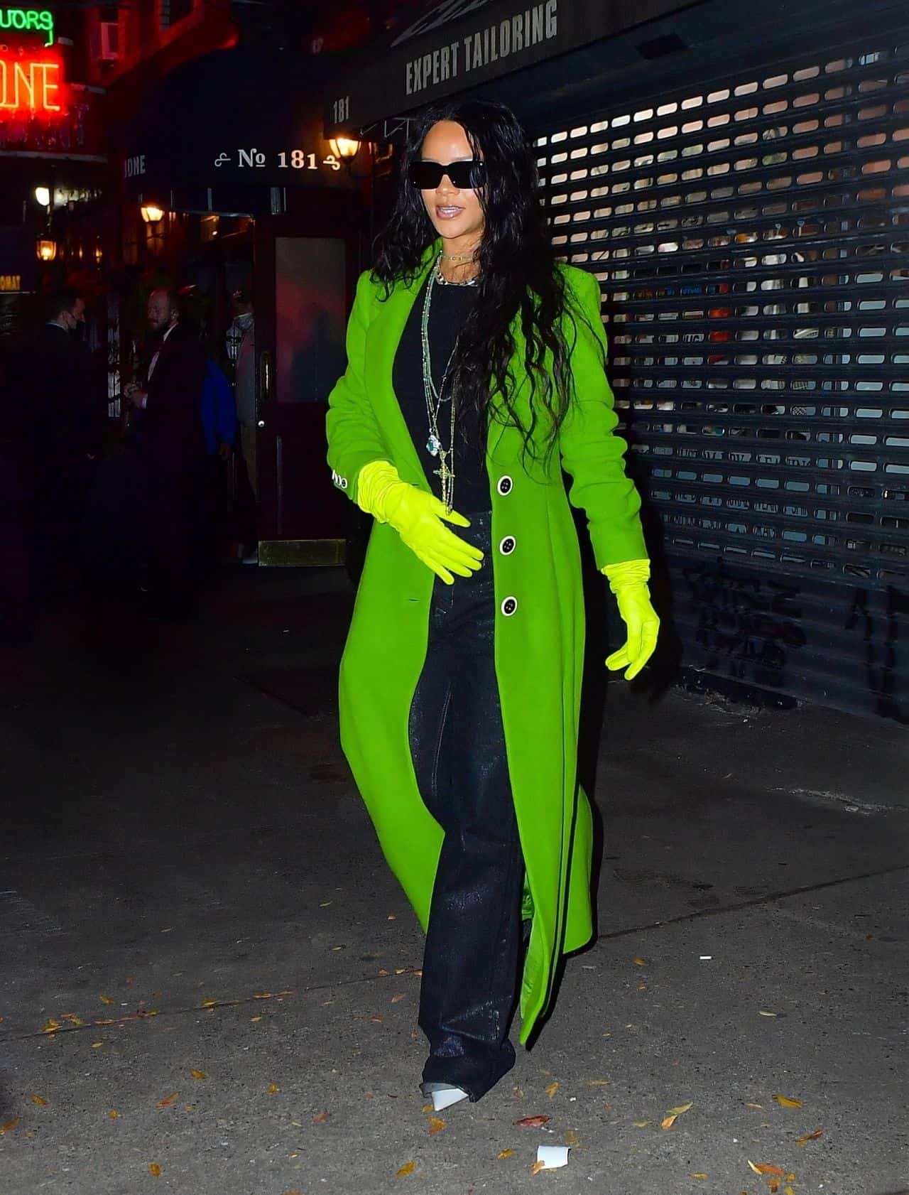 Rihanna Lit Up the Night in her Flashy Green Coat Outside the Restaurant