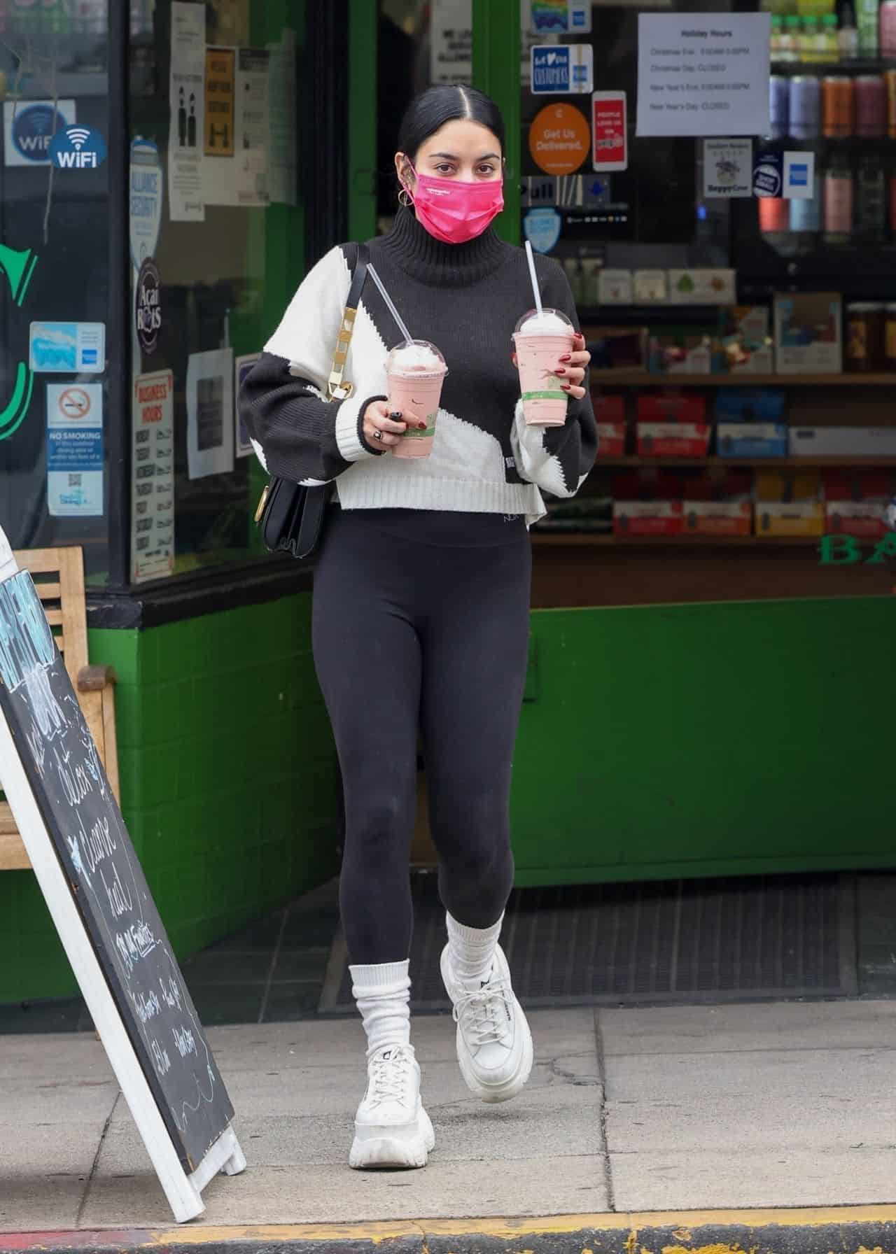 Vanessa Hudgens Looked Chic in Black and White while Carrying Two Smoothies