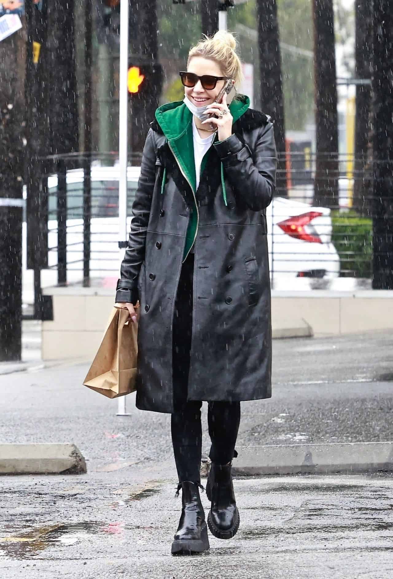 Ashley Benson Looked Chic in a Leather Coat During the Stormy Weather in LA