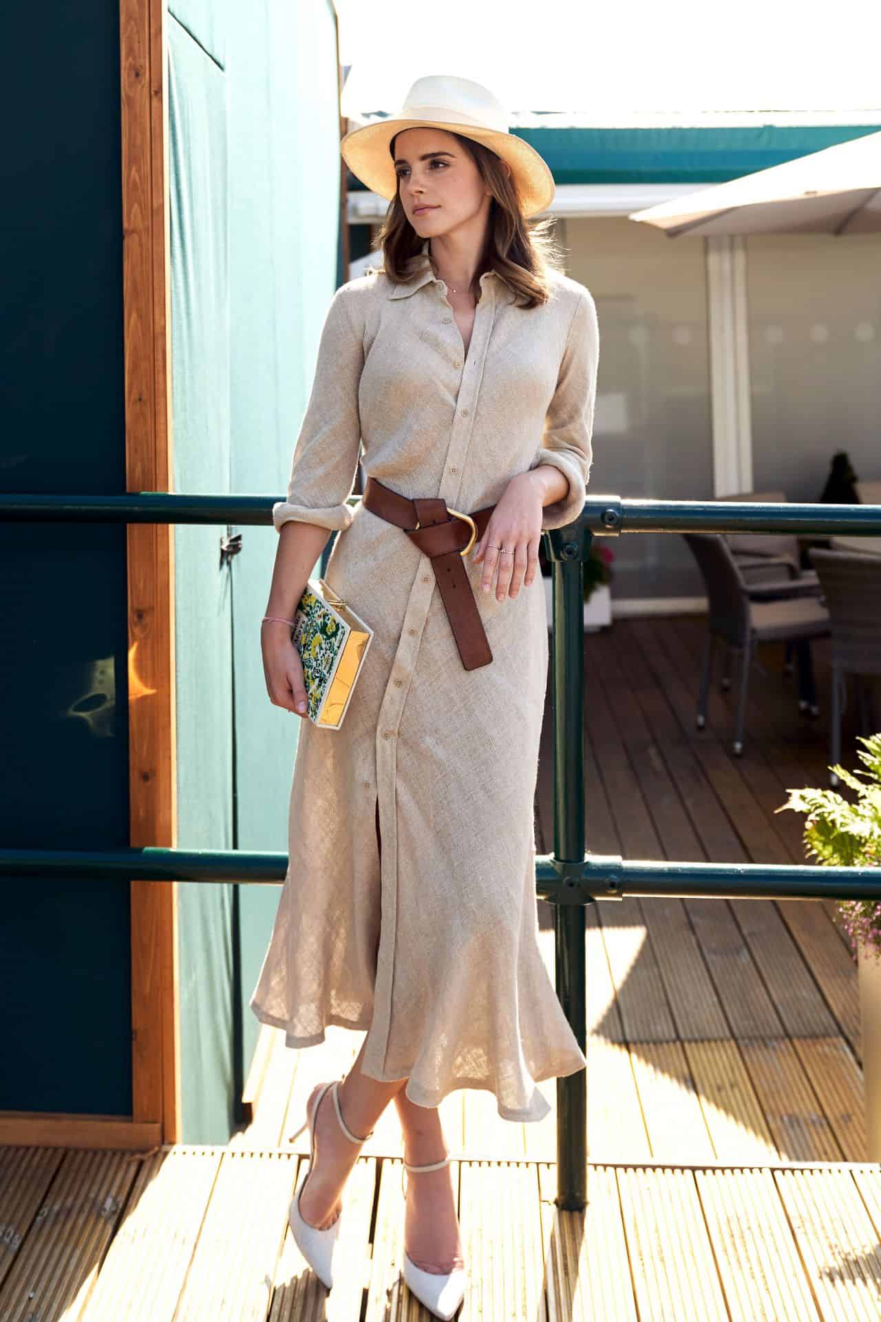 Emma Watson Looked Fantastic in a Beige Knitted Linen Dress at Wimbledon