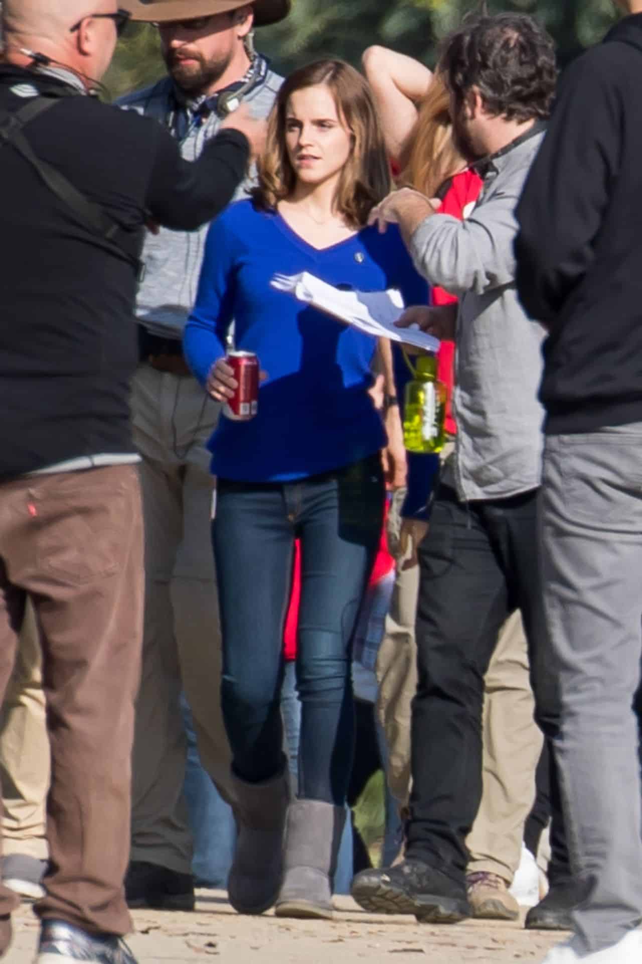Emma Watson Stuns in a Blue Sweater and Jeans on the Set of “The Circle”