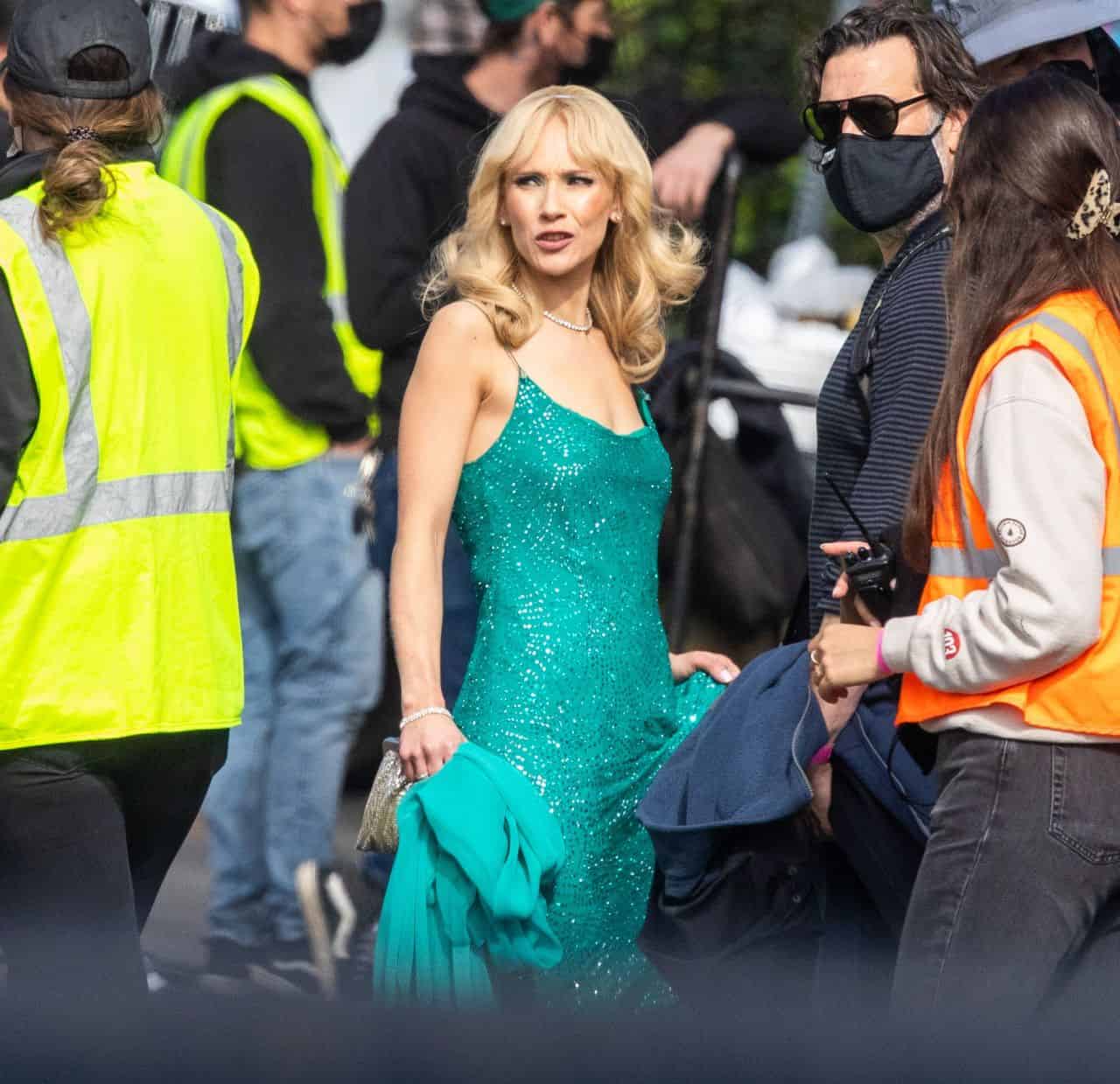 Juno Temple Stuns in Green Dress on the Set of the New Series “The Offer”