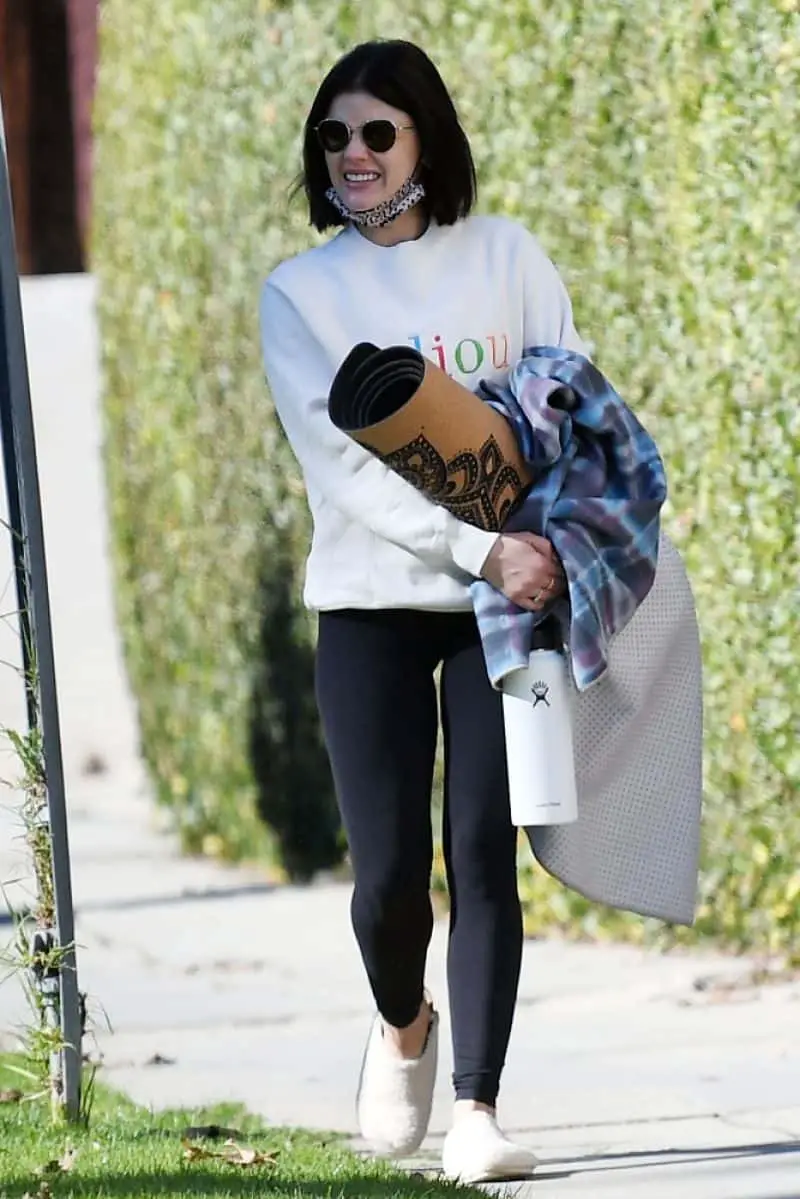Lucy Hale Wore Slippers and a Sweatshirt as she Walked to Yoga Class