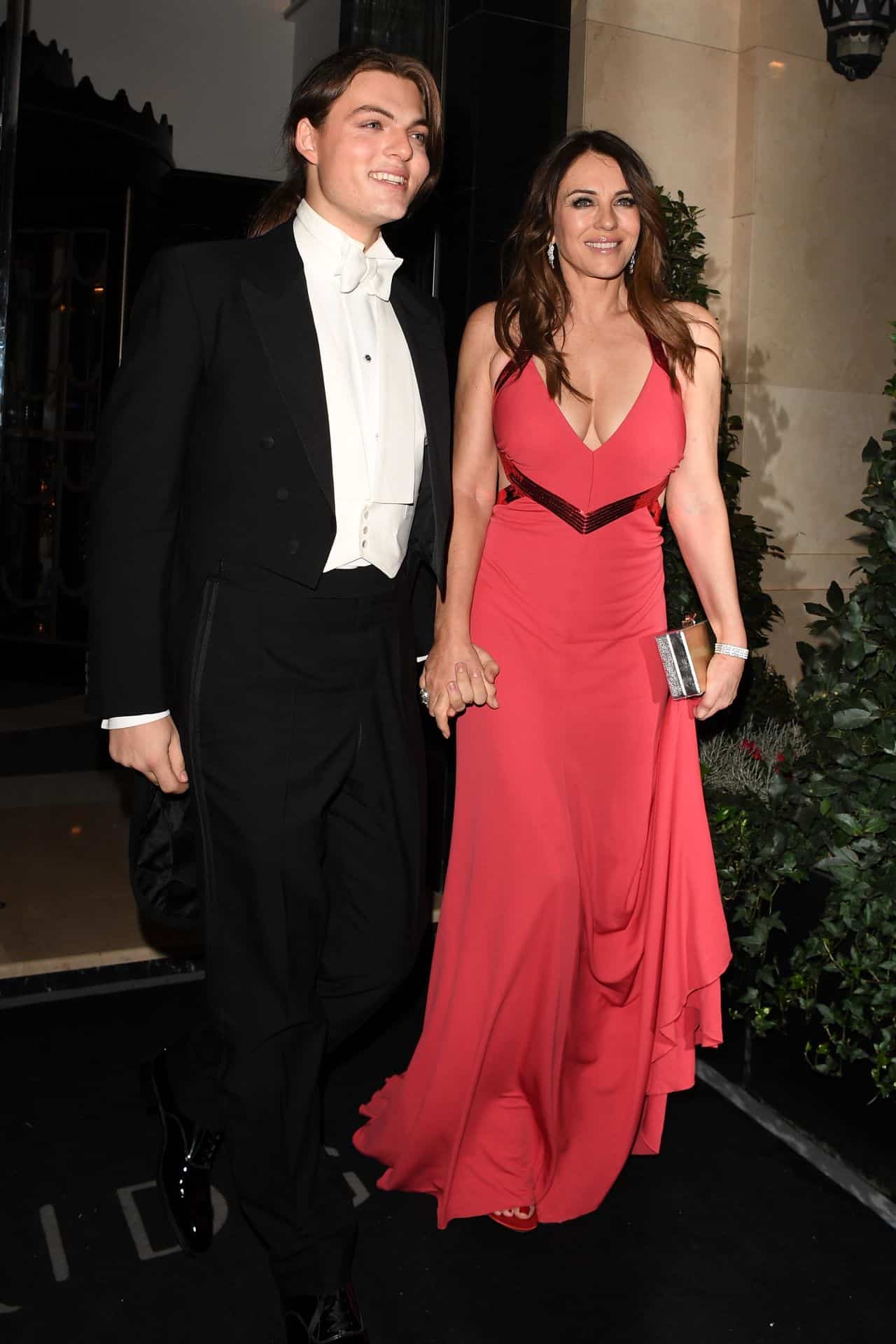 Elizabeth Hurley Stuns in a Red Dress at Joan Collins’ 88th Birthday Party