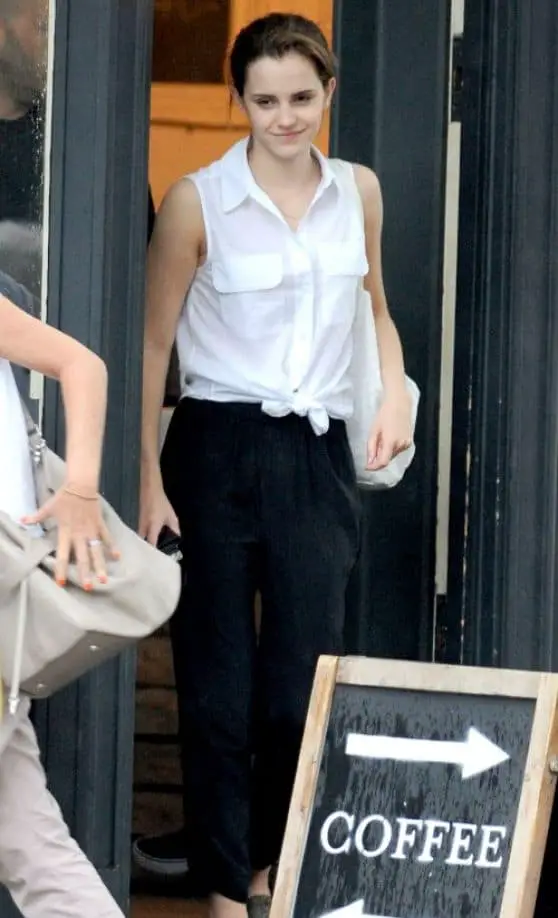 Emma Watson Looks Chic in a Sheer White Shirt at the Coffee Shop in London