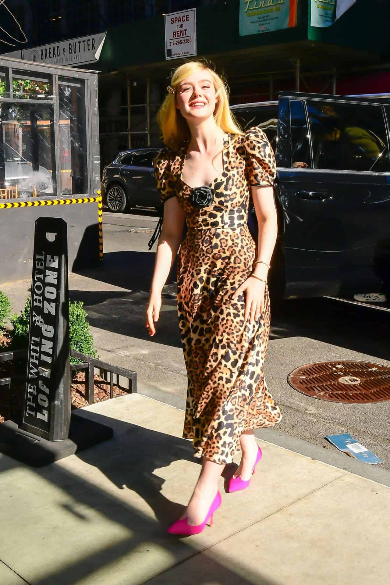 Elle Fanning Stuns All in a Chic Leopard-print Dress and Pink Pumps in NYC