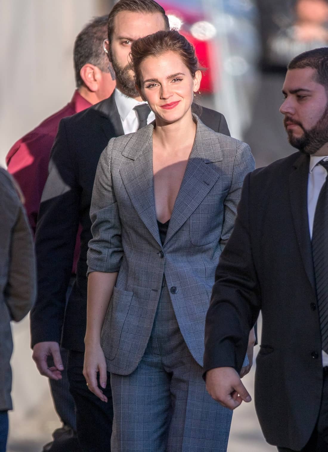 Emma Watson Looked Incredible in a Gray Plaid Pantsuit at Jimmy Kimmel Live