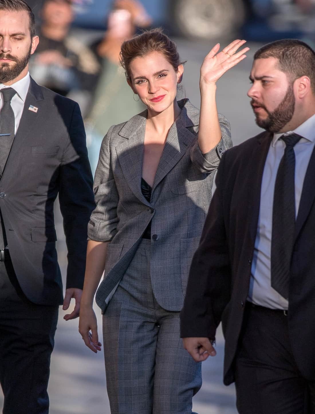 Emma Watson Looked Incredible in a Gray Plaid Pantsuit at Jimmy Kimmel Live!