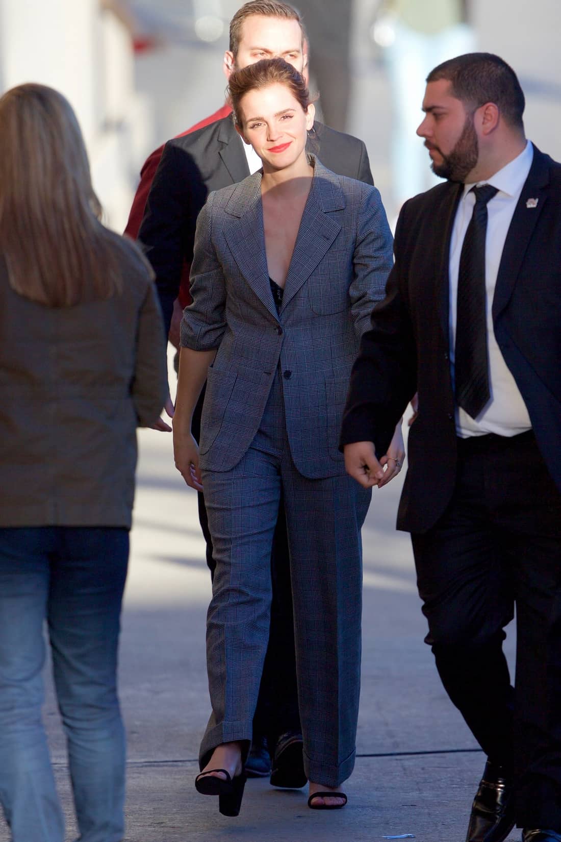 Emma Watson Looked Incredible in a Gray Plaid Pantsuit at Jimmy Kimmel Live!