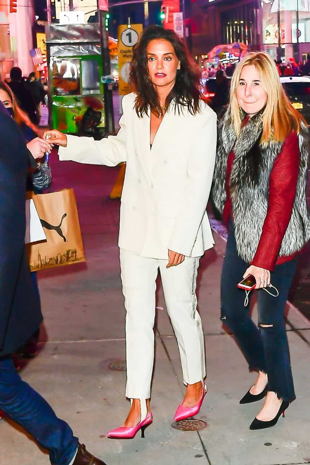 Katie Holmes Rocks a Pantsuit and Pink Heels for the RiseNY Grand Opening