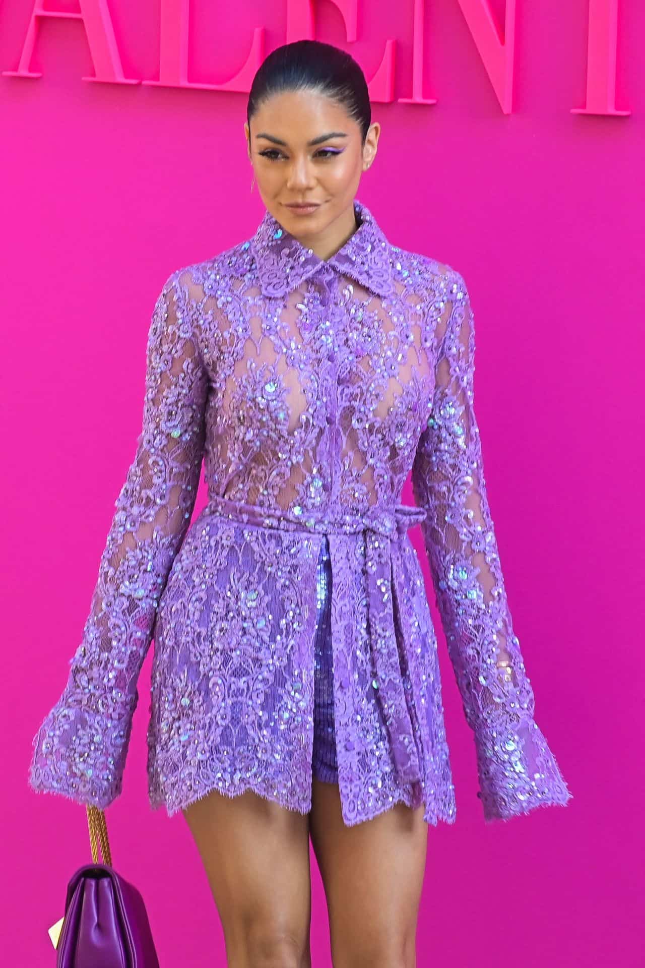 Vanessa Hudgens Turns Up the Heat in Purple Mini Dress at Valentino Show