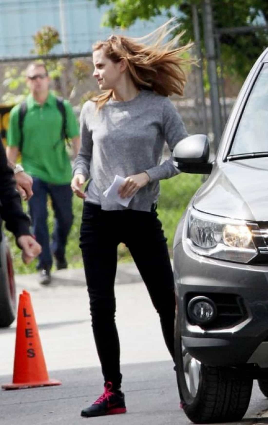 Emma Watson Stuns in a Gray Sweater and Jeans on the Set of "Regression"