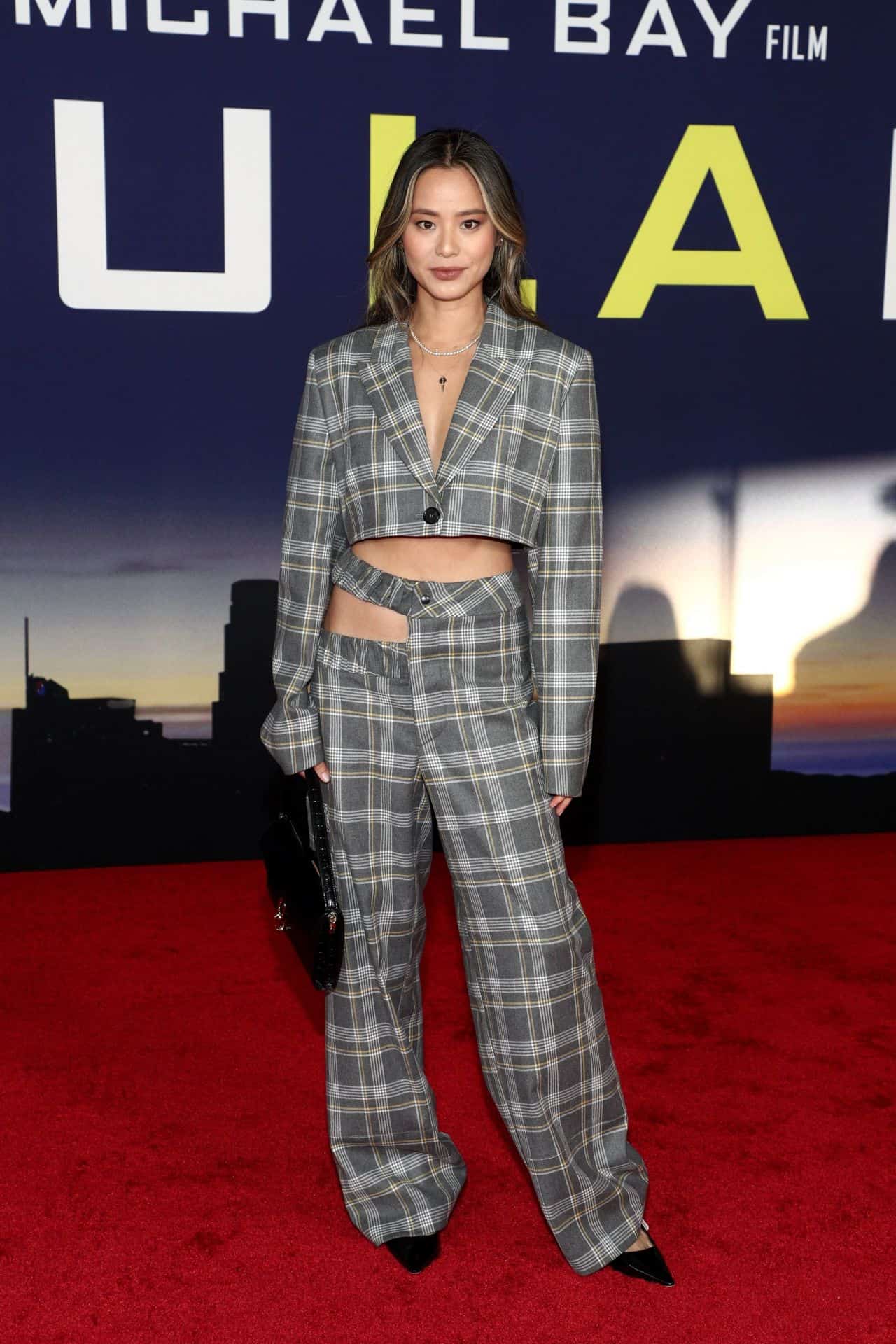Jamie Chung Wears Cut-out Plaid Pants at the Premiere of Ambulance in LA