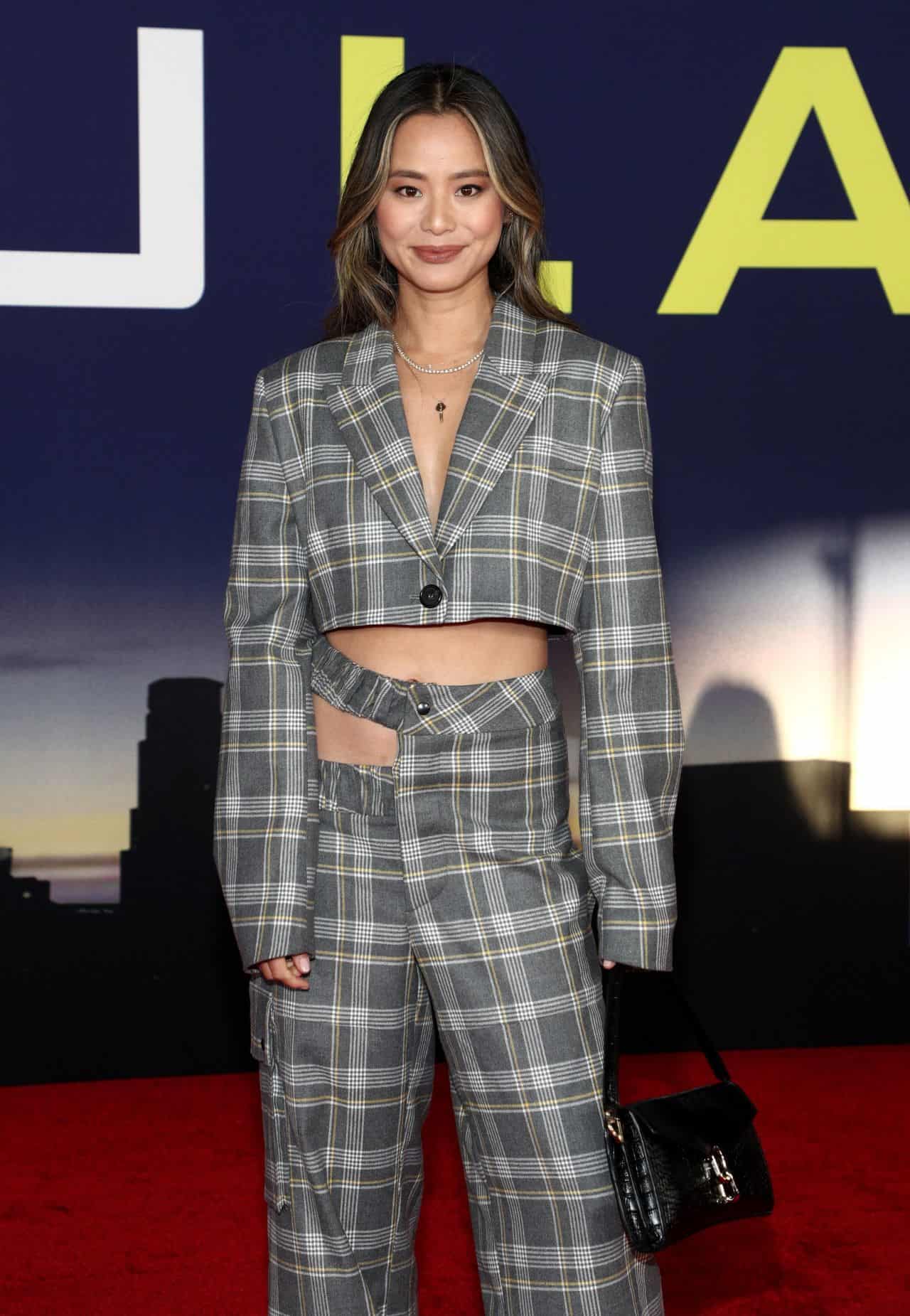 Jamie Chung Wears Cut-out Plaid Pants at the Premiere of Ambulance in LA
