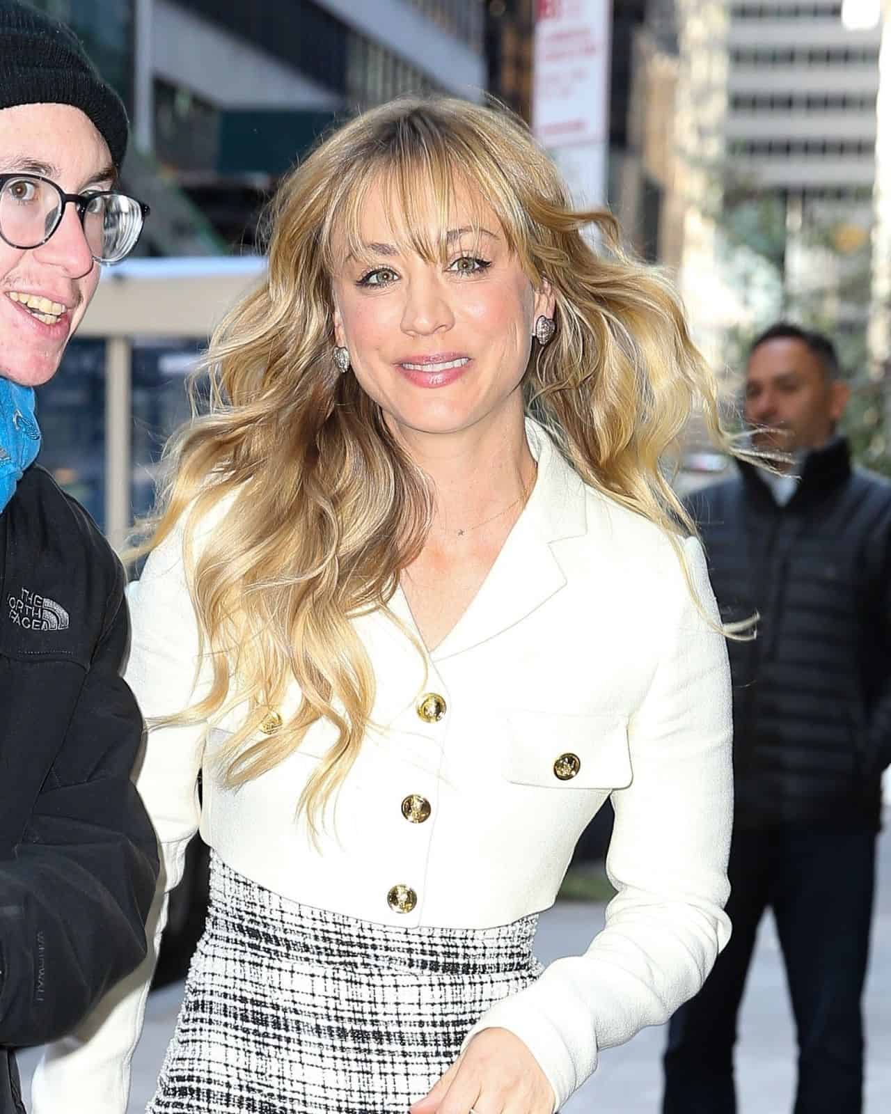 Kaley Cuoco Looked Spectacular in a Plaid Skirt and Blazer for GMA in NY