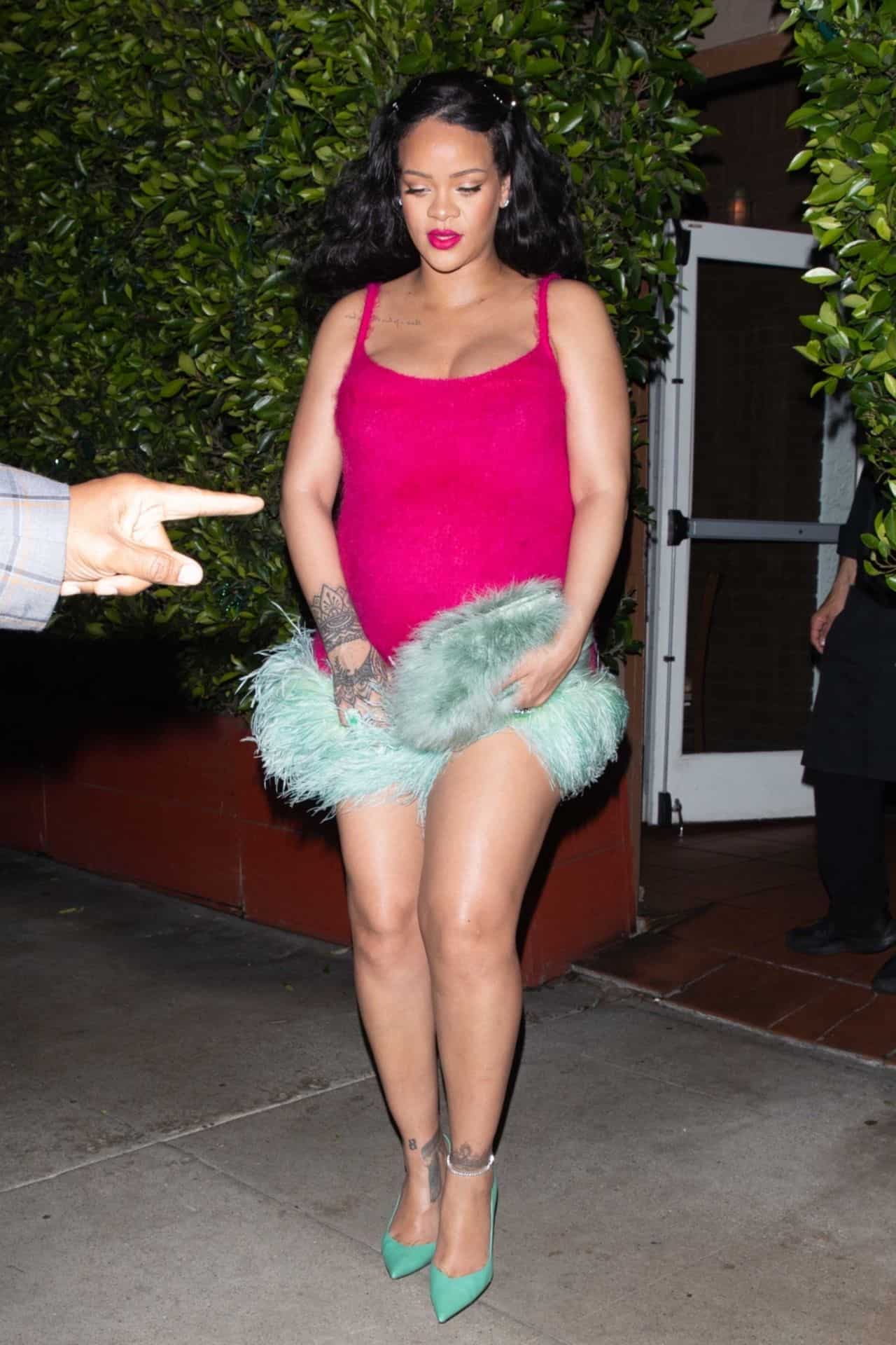 Rihanna Glowing in a Pink Fur-trimmed Mini Dress at Giorgio Baldi in LA