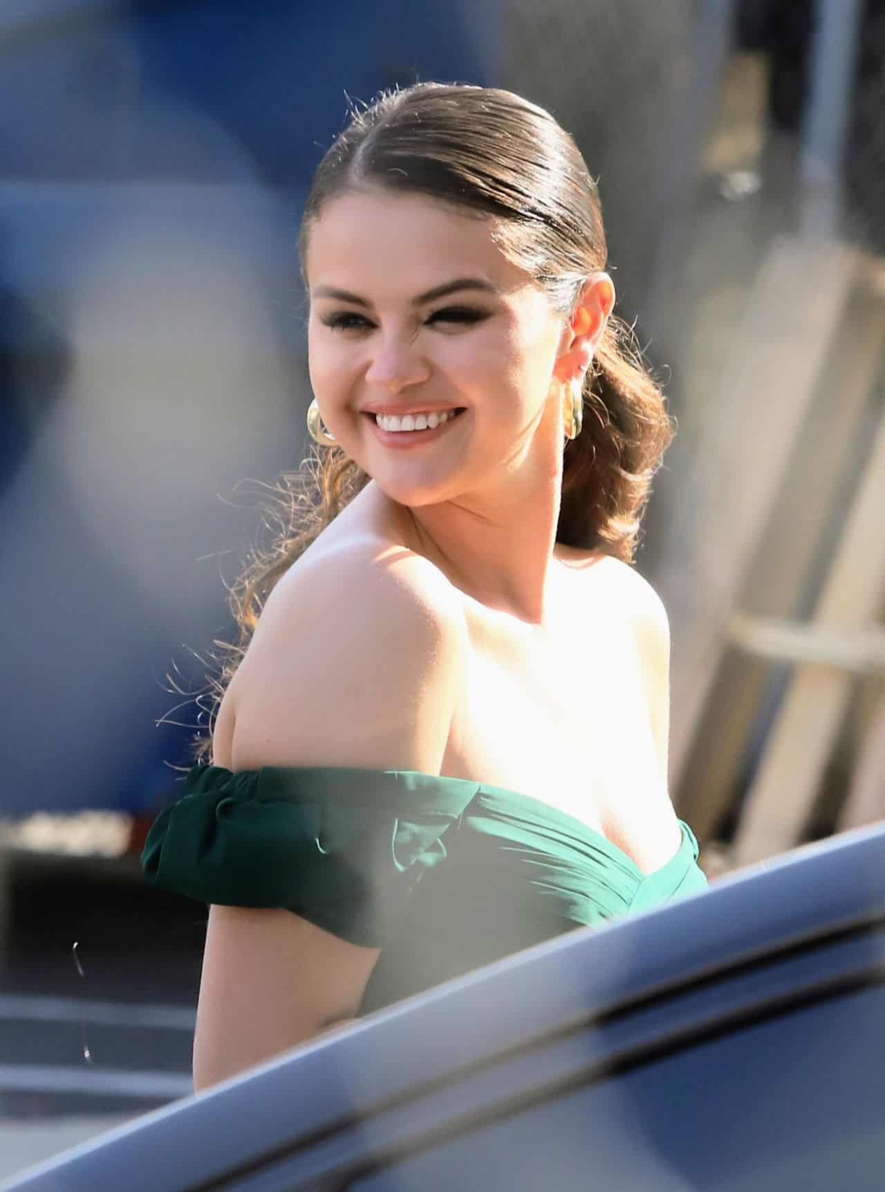 Selena Gomez Arrived on Jimmy Kimmel Live in an Emerald Green Dress