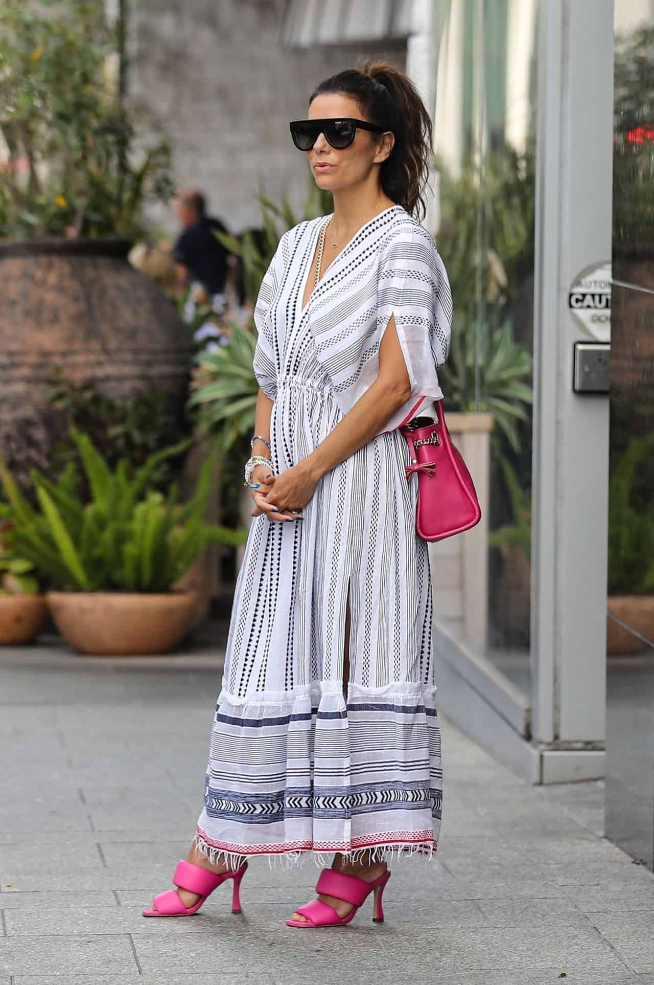 Eva Longoria Exuded Style in a White Striped Summer Dress in Beverly Hills